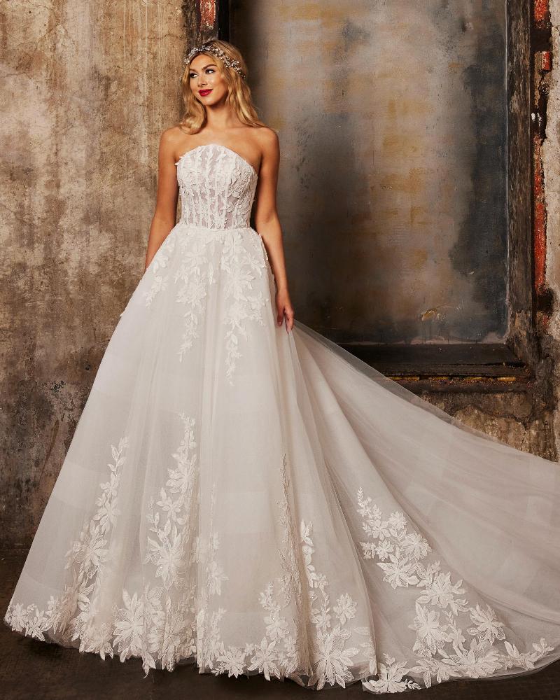 122232 lace strapless wedding dress with long train and ball gown silhouette3